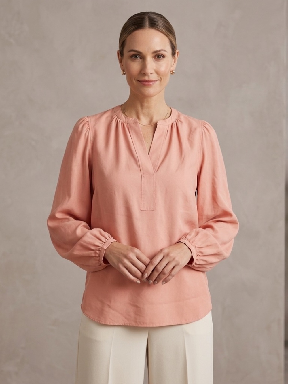 PREVIEW Long-Sleeve Split-Neck Blouse‎ in Soft Peach Size 16